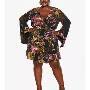 City Chic Black Floral Bell Sleeve Hippie Malaga Wrap Mini Dress